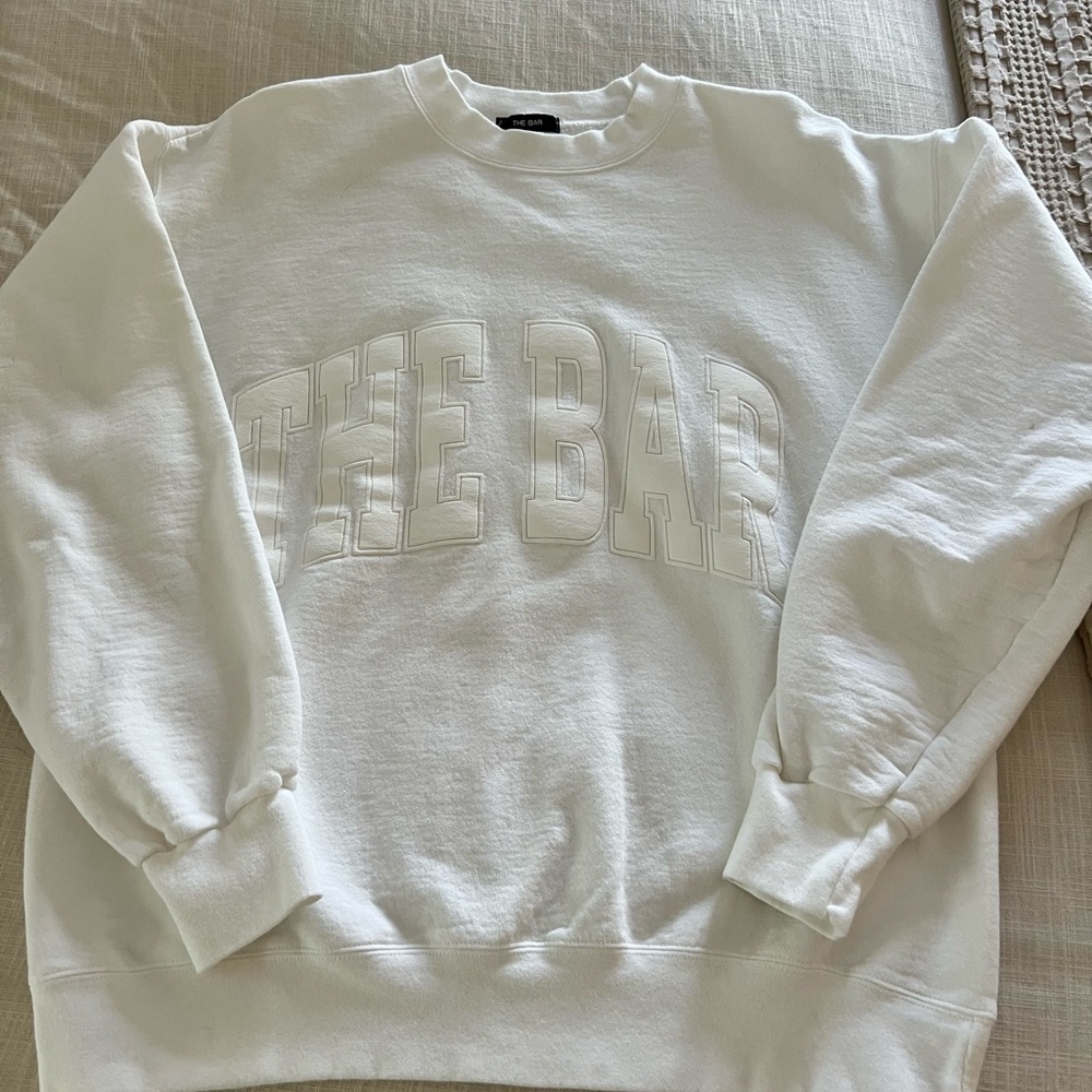 The Bar White Crewneck Sweater with Tone-on-Tone Design